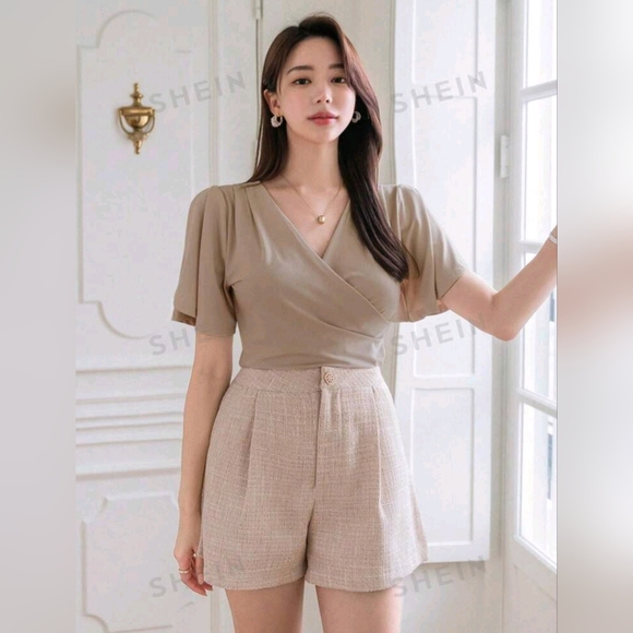 DAZY - Ladies' Summer Solid Color Wrap Short Sleeve V-Neck T-Shirt- Size S Khaki - Picture 4 of 12